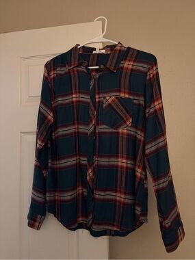 Maurices Teal Plaid Button-Down Shirt with Red Accents